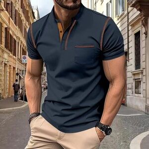 Stylish Navy Polo Shirt with Brown Details